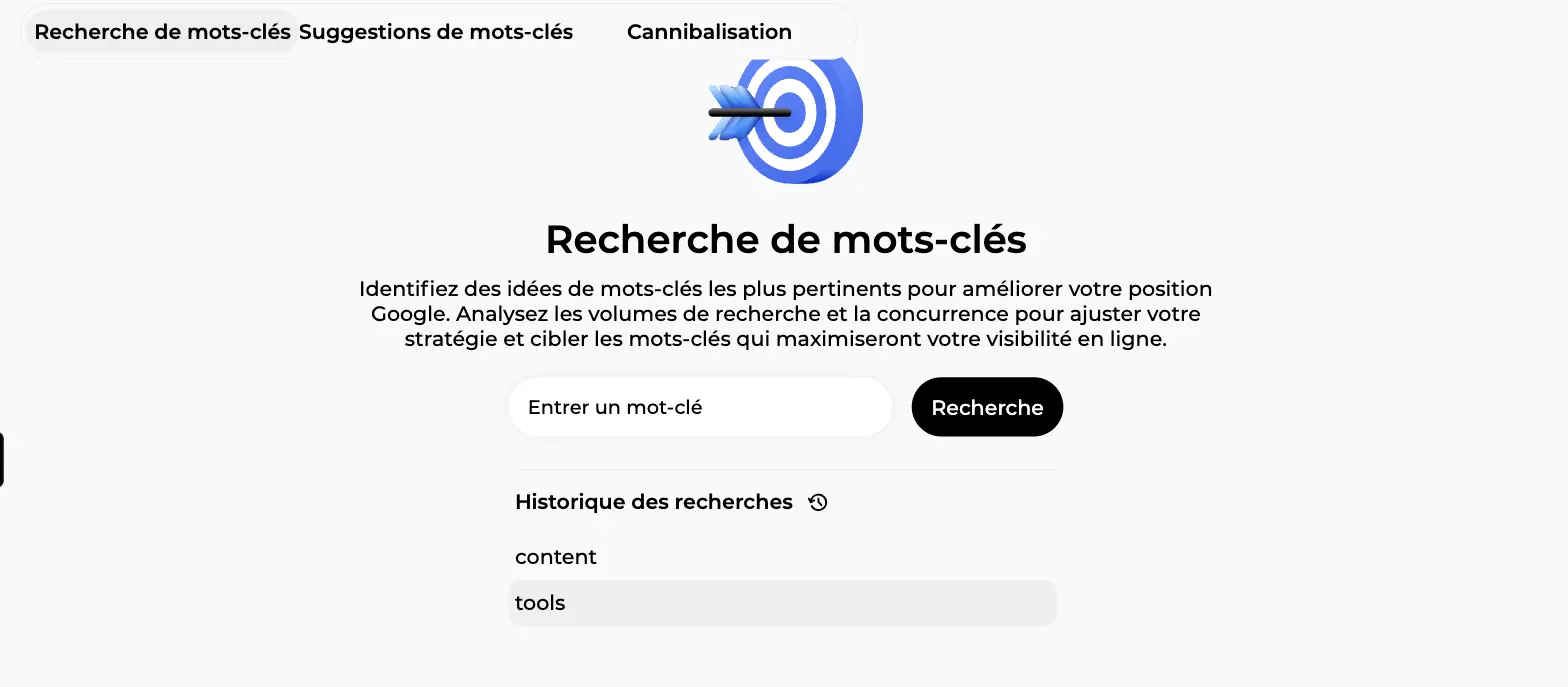 Onglet Recherche de mots-clés de la boîte à outils Sedestral avec le champ de saisie, le bouton Recherche et l'historique des recherches