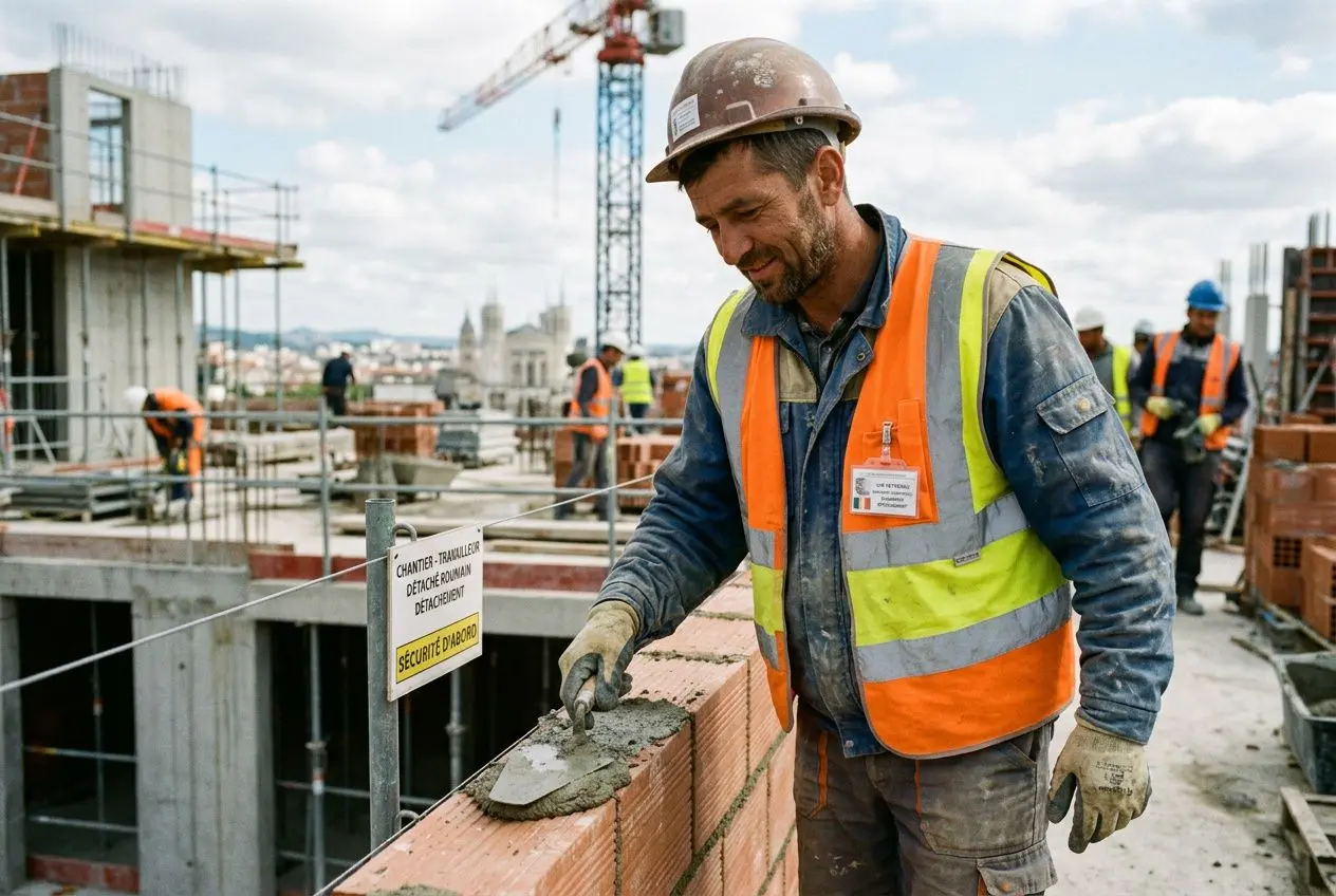 Travailleur sur un chantier, pose de briques avec gilet jaune et casque, cadre de construction en fond, sécurité affichée. Poste lié au travailleur détaché roumain france droits.
