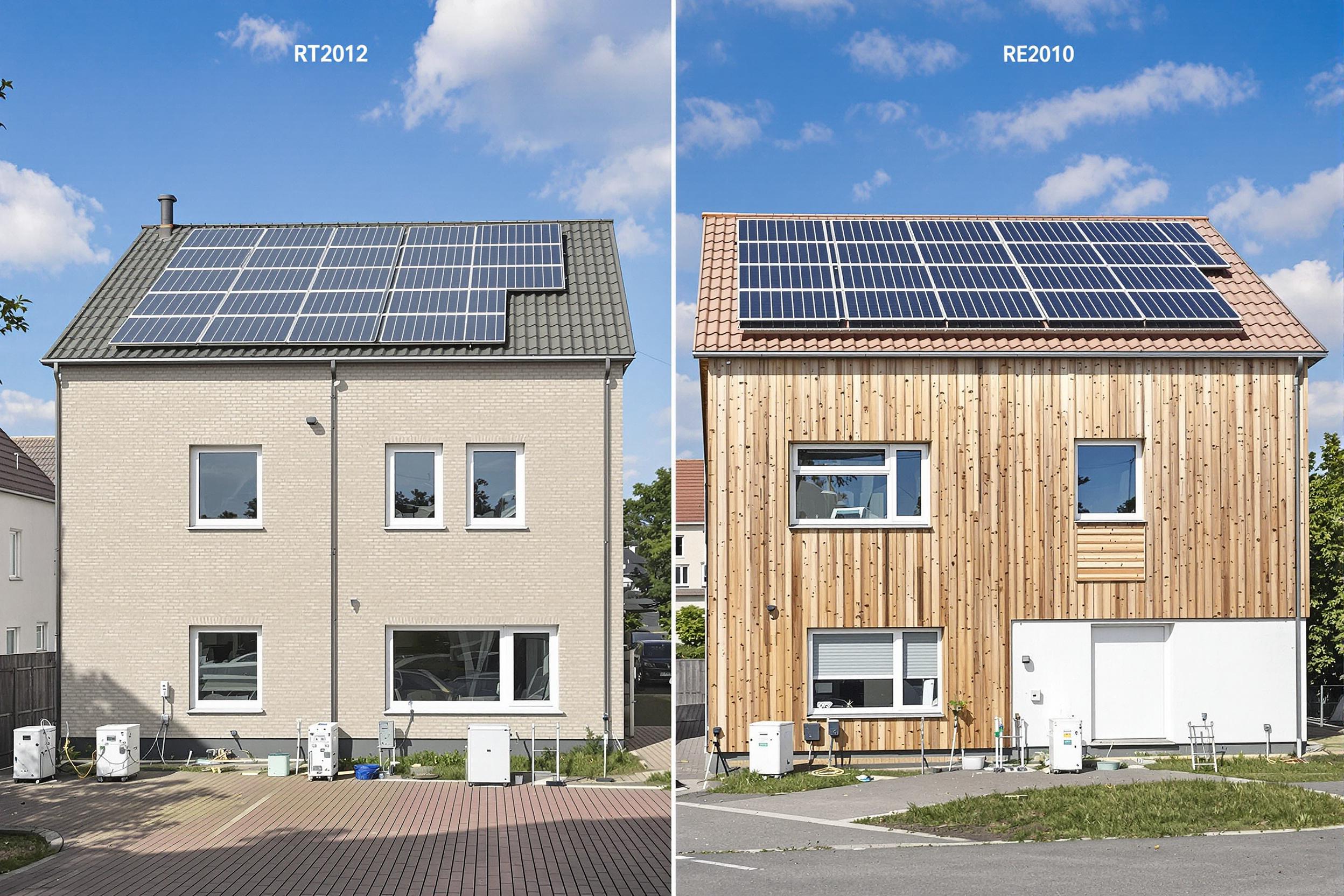 Comparaison visuelle entre un bâtiment conforme RT2012 et un bâtiment RE2020