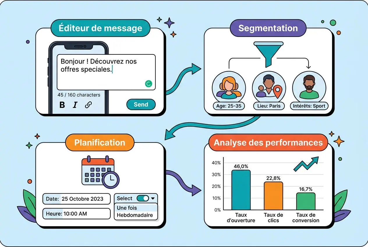 Diagramme illustrant un flux d’outil: Éditeur de message, segmentation, planification et analyse des performances d’une campagne sms, représentant un logiciel gestion campagne sms.