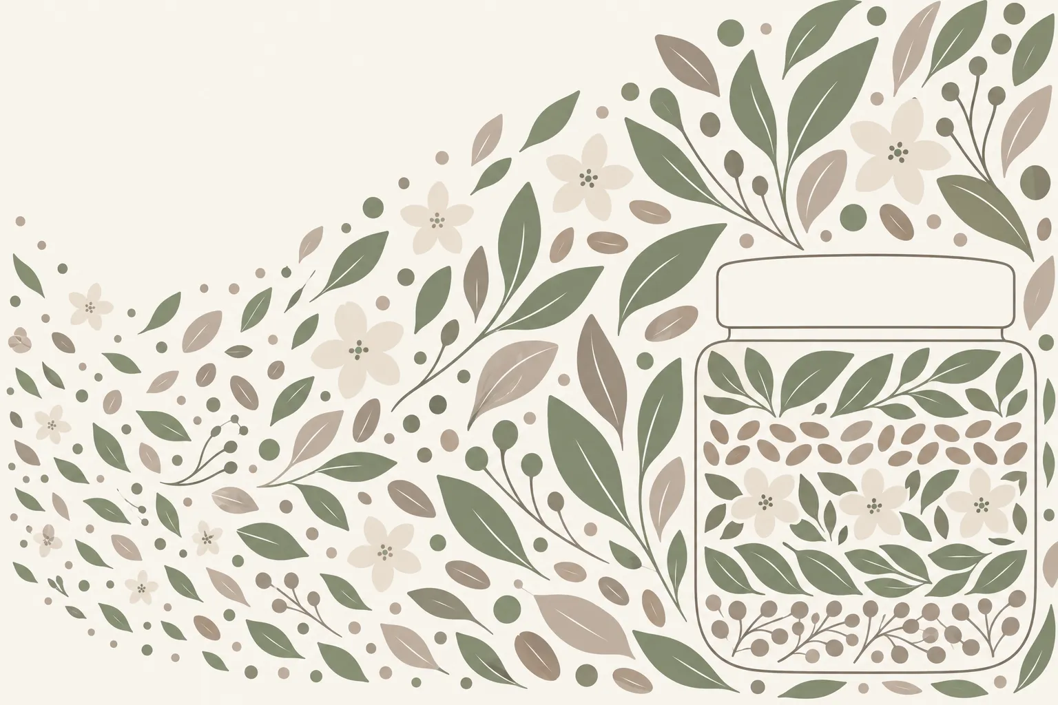 Cosmetic bottle and vanity surrounded by leaves and small flowers in shades of green and beige.