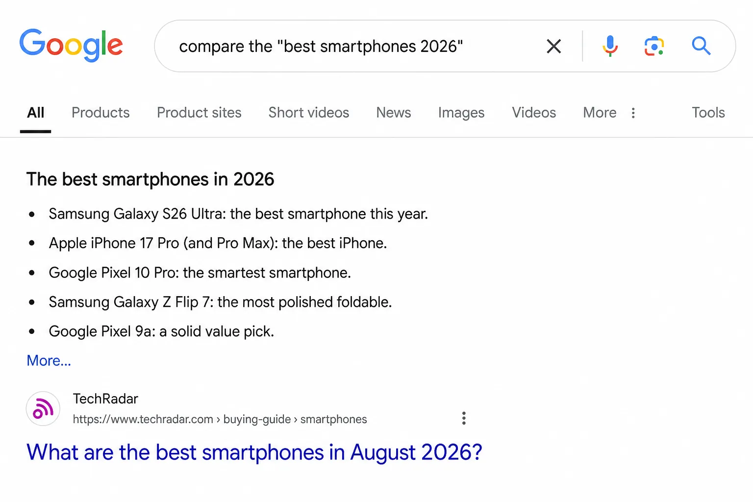 Google list featured snippet for 'compare the best smartphones 2026', showing a bulleted list of phones and the source link.