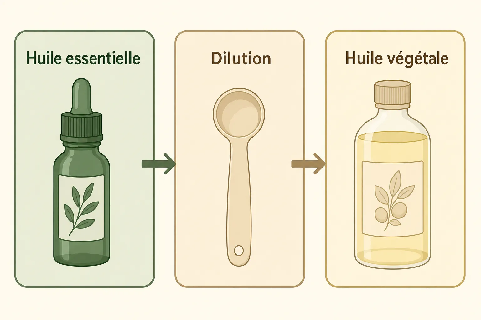 Huile essentielle → Dilution → Huile végétale : schéma simple de préparation avec un flacon vert, une cuillère et un flacon d’huile végétale. intégration: comment traiter eczéma naturellement s’insère naturellement.