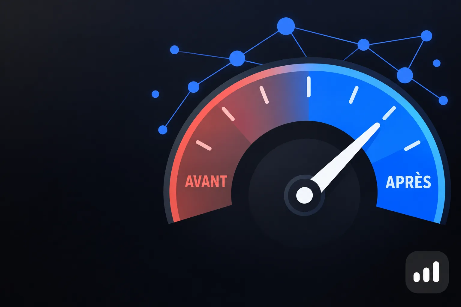 Métrique montrant l’échelle de performance avec indicateur avant et après et des points connectés autour d’un témoin de