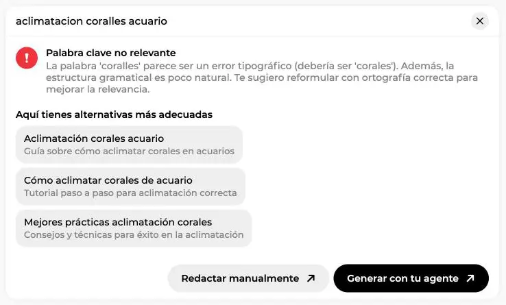 Ventana Palabra clave no relevante señalando un error tipográfico y proponiendo tres alternativas de palabras clave