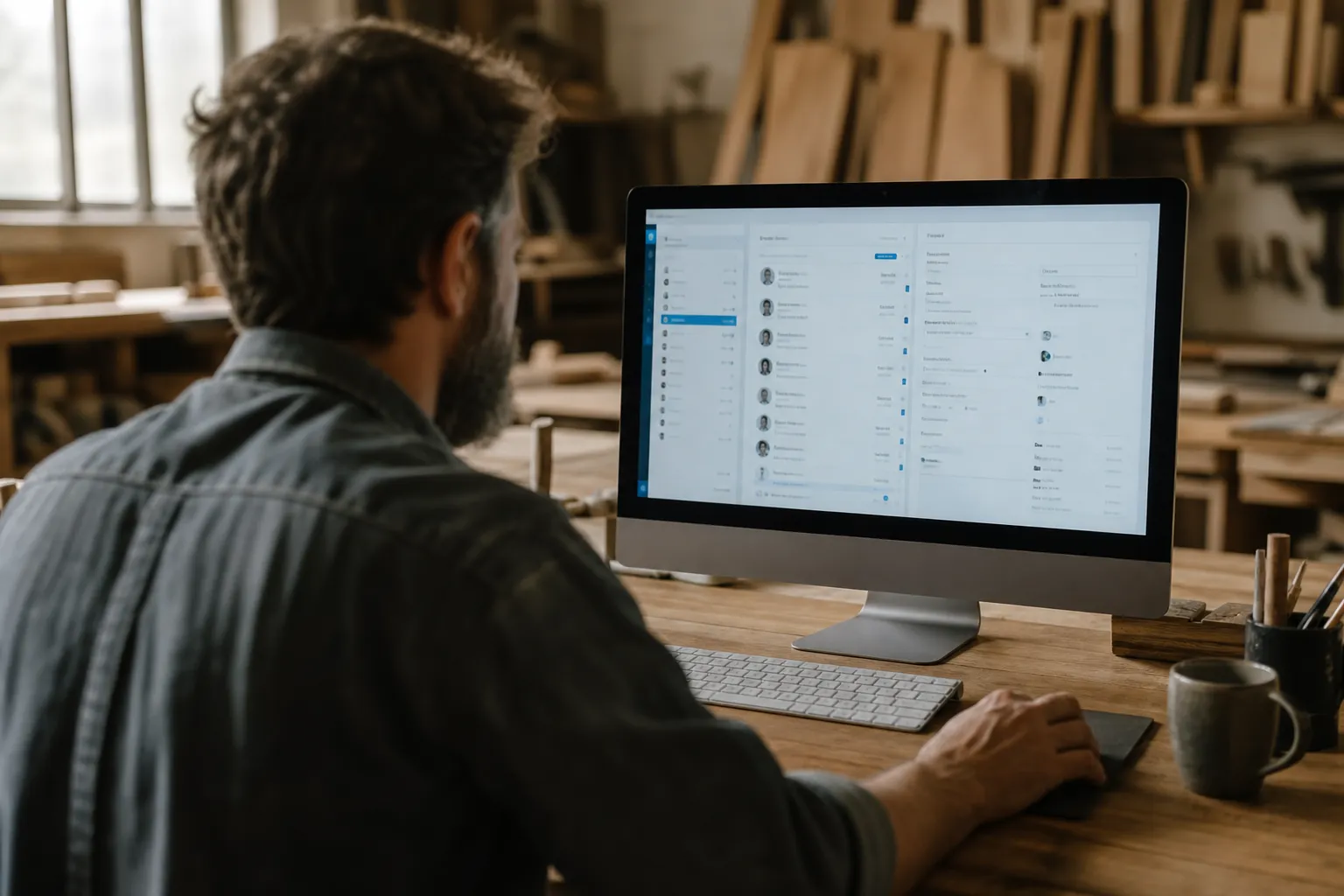 Homme assis à un bureau devant un grand écran d’ordinateur montrant une interface CRM, ambiance atelier bois, tasse et clavier sur le bureau. application gestion client intégrée.