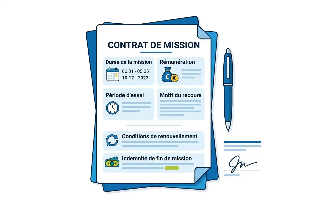 Contrat de mission illustré avec sections sur durée, rémunération et conditions, accompagné d’un stylo et d’un document signé. Agence d intérim comment ça marche est évoqué comme guide.