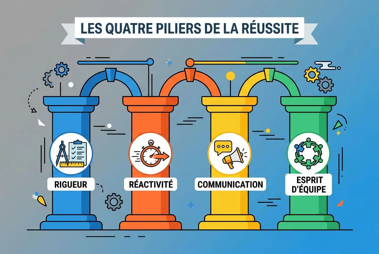 Quatre piliers colorés illustrés représentant la réussite: rigueur, réactivité, communication et esprit d’équipe, sur fond bleu.