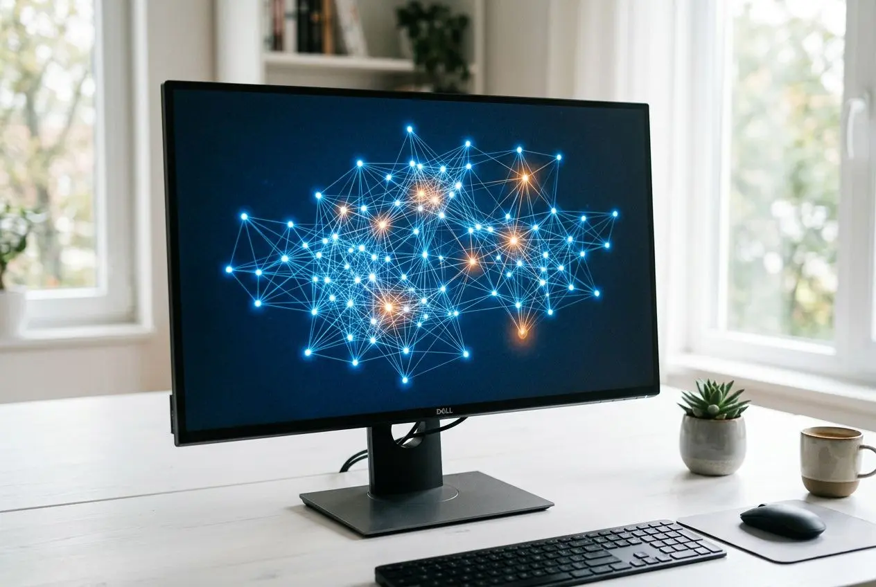 Ordinateur de bureau affichant un réseau de connexions lumineuses sur l’écran, ambiance bureau moderne. Créer une campagne de backlinks avec netlinking.