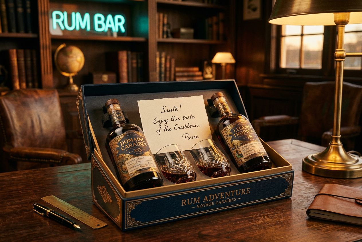 Coffret cadeau entreprise original : coffret de rhum « Rum Adventure » avec deux flacons et verres, posé sur un bureau élégant.
