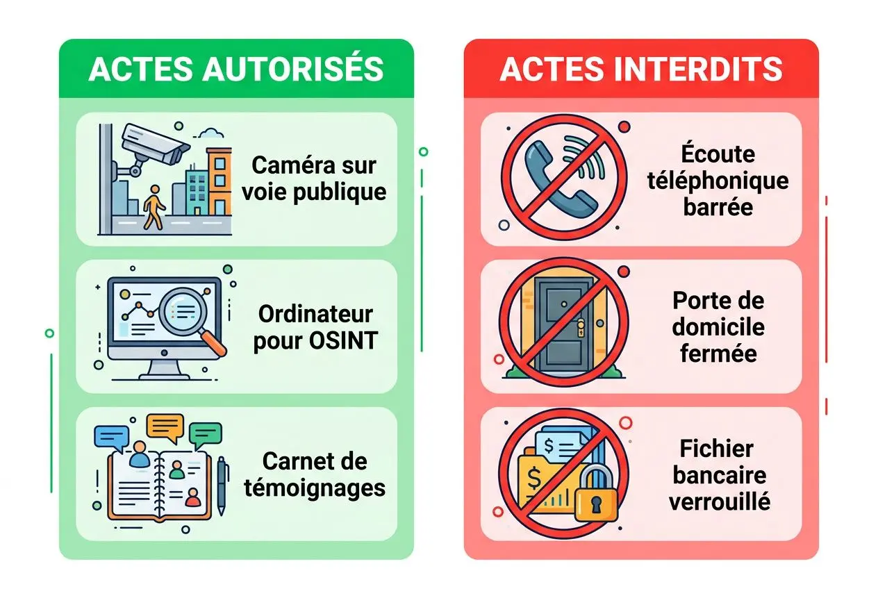 Illustration comparant les actes: à gauche “ACTES AUTORISÉS” avec caméra sur voie publique, ordinateur pour OSINT et carnet de témoignages; à droite “ACTES INTERDITS” avec écoute téléphonique bouchée, porte de domicile fermée et fichier bancaire verrouillé.