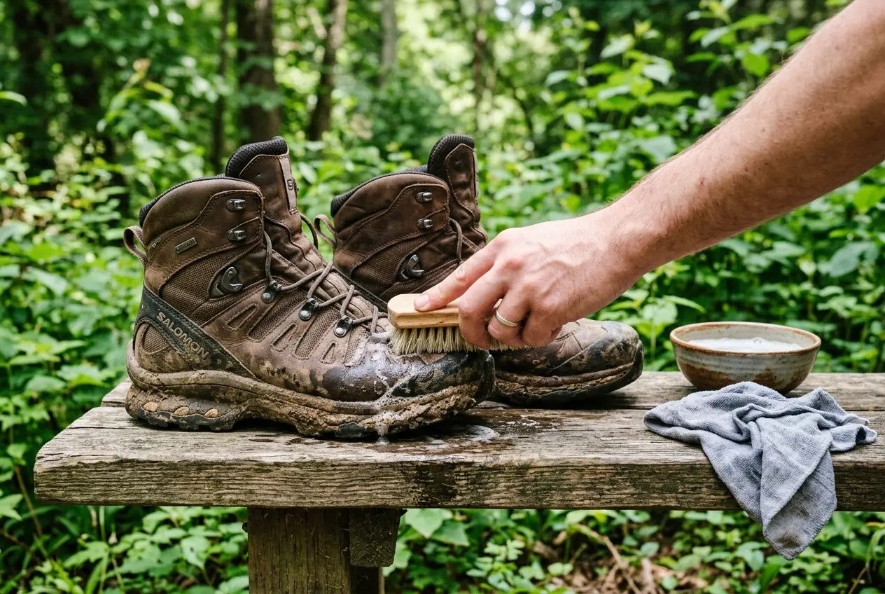 Chaussures de rando en gore-tex sales being brushed pour l’entretien, avec une petite cire dans un bol et chiffon sur l’établi.