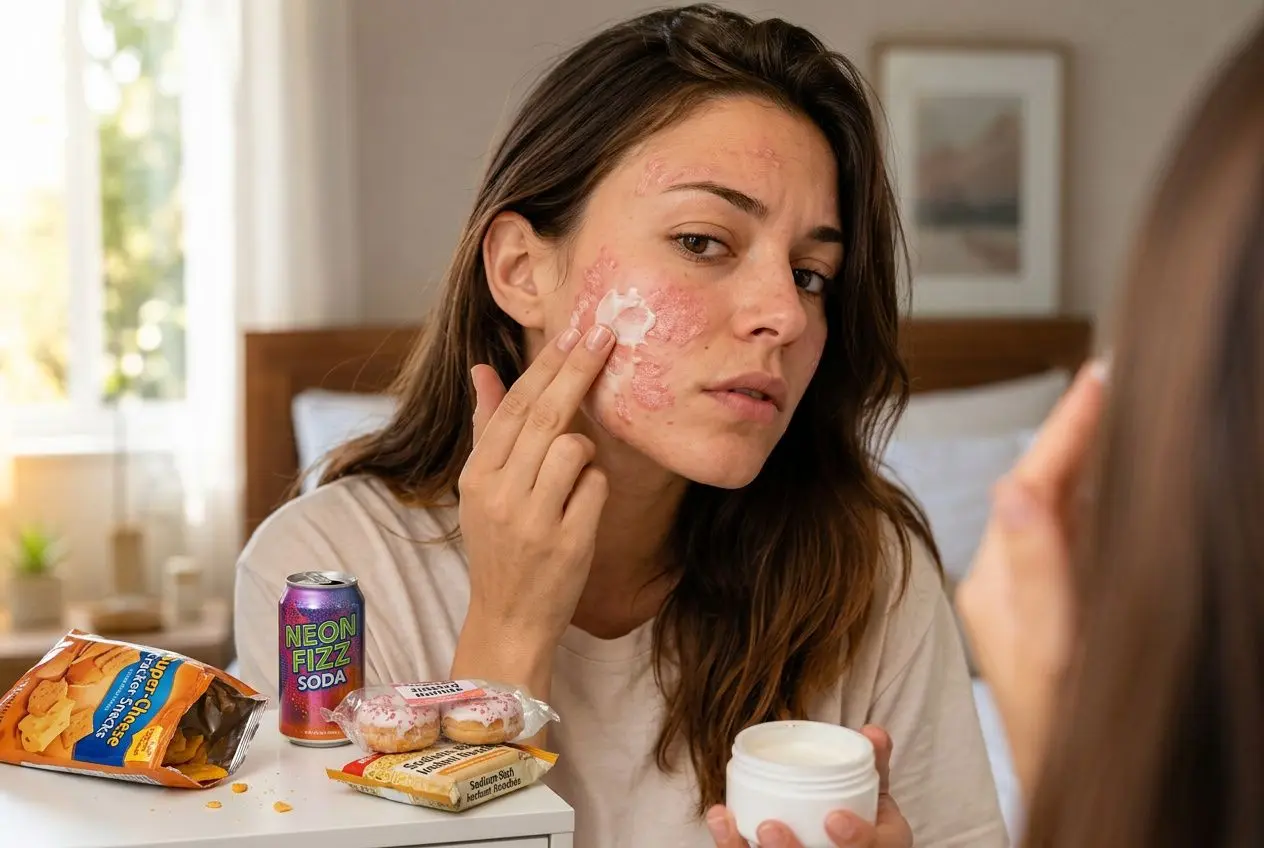 Femme regardant son visage à apparition de psoriasis, appliquant une crème sur la joue; snacks et boisson gazeuse sur la table. Psoriasis alimentation à éviter intégrée naturellement.