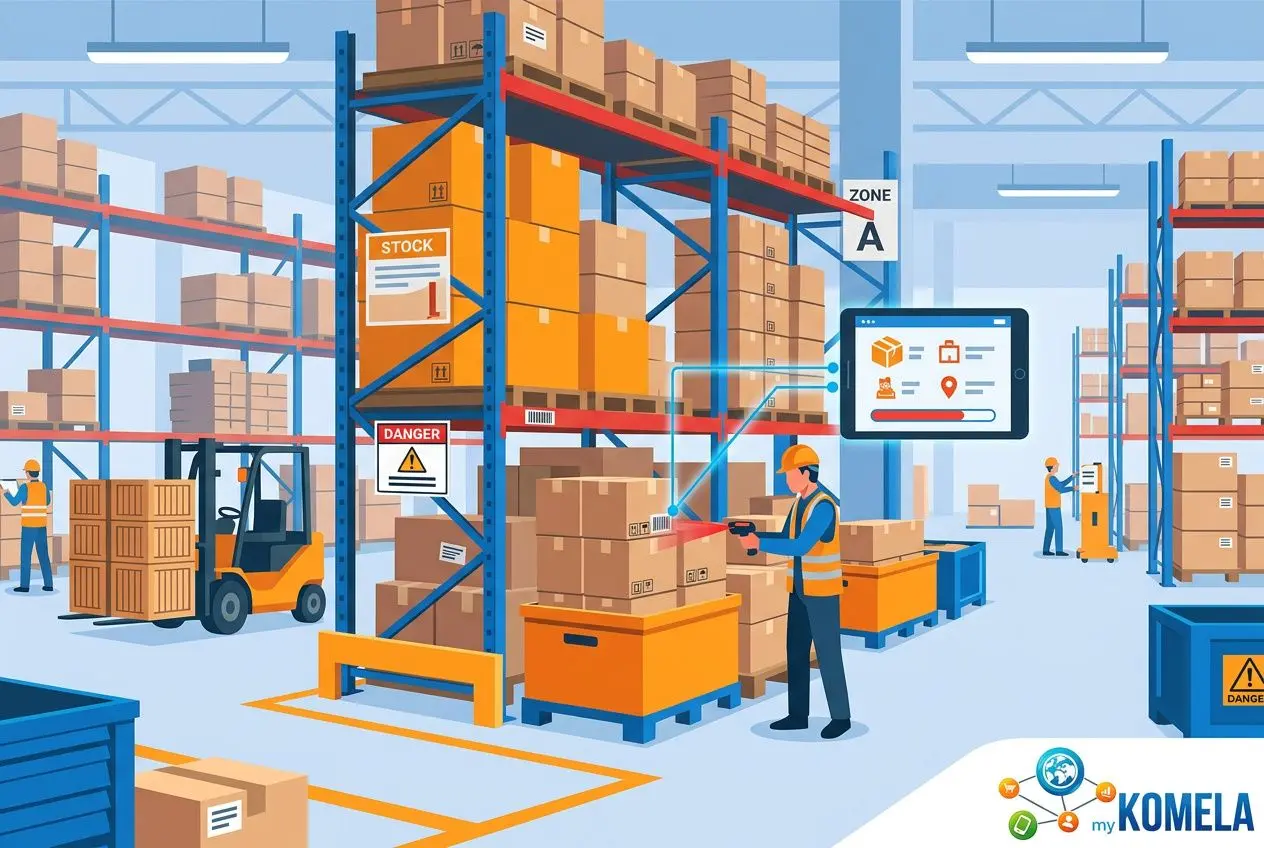 Gestion de stock multi-magasins: un espace d’entrepôt avec rayonnages, cartons et chariots, illustrant un logiciel gestion de stock.