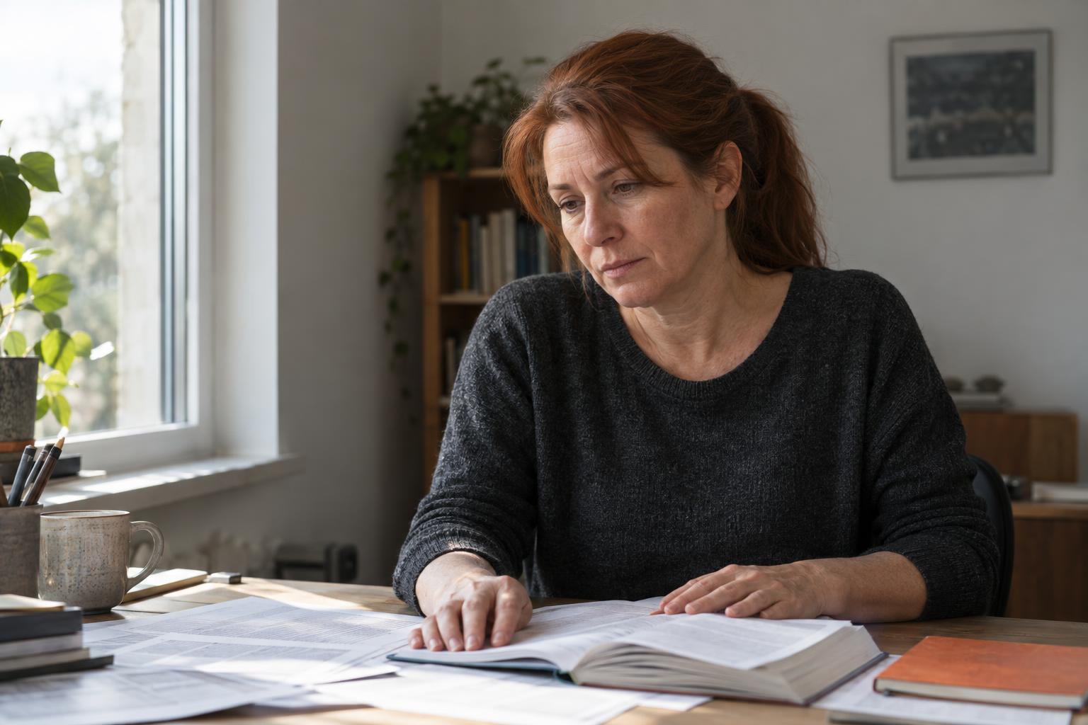 Femme d'âge moyen assise à une table, lisant et prenant des notes dans des documents ouverts