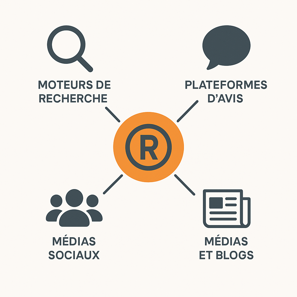 Infographie montrant les principaux canaux de l'e-réputation : moteurs de recherche, avis, médias sociaux et blogs.