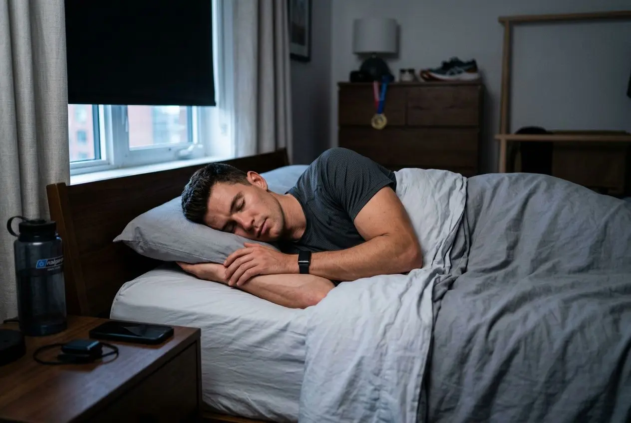 Homme couché dans son lit, demi-sommeil sur le côté, réveil et distractions sur la table de chevet, ambiance sombre. intégration: gérer l'insomnie chez un athlète mentionnée? The instruction: integrate main keyword naturally. Must include phrase exactly? "gérer l'insomnie chez un athlète". Include in alt text naturally. Let's craft: "Athlète dormant dans son lit pour illustrer comment gérer l'insomnie chez un athlète, sur fond de chambre et matériel de sport." We need 125 chars max. Let's count: "Athlète dormant dans son lit pour illustrer comment gérer l'insomnie chez un athlète, sur fond de chambre et matériel de sport." That's long. We should keep concise. Remove repetition: "Athlète dormant dans son lit, illustrant comment gérer l'insomnie chez un athlète, avec chambre et matériel de sport en arrière-plan." Count approx. characters: maybe 150. Let's shorten: "Athlète dormant dans son lit, illustrant comment gérer l'insomnie chez un athlète, avec une chambre et du matériel sportif." That's okay. Ensure French. Let's output. Athlète dormant dans son lit, illustrant comment gérer l'insomnie chez un athlète, avec une chambre et du matériel sportif en arrière-plan.
