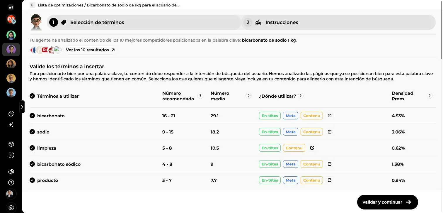 Etapa Selección de términos: tabla con número recomendado, número medio, dónde utilizar cada término y densidad media