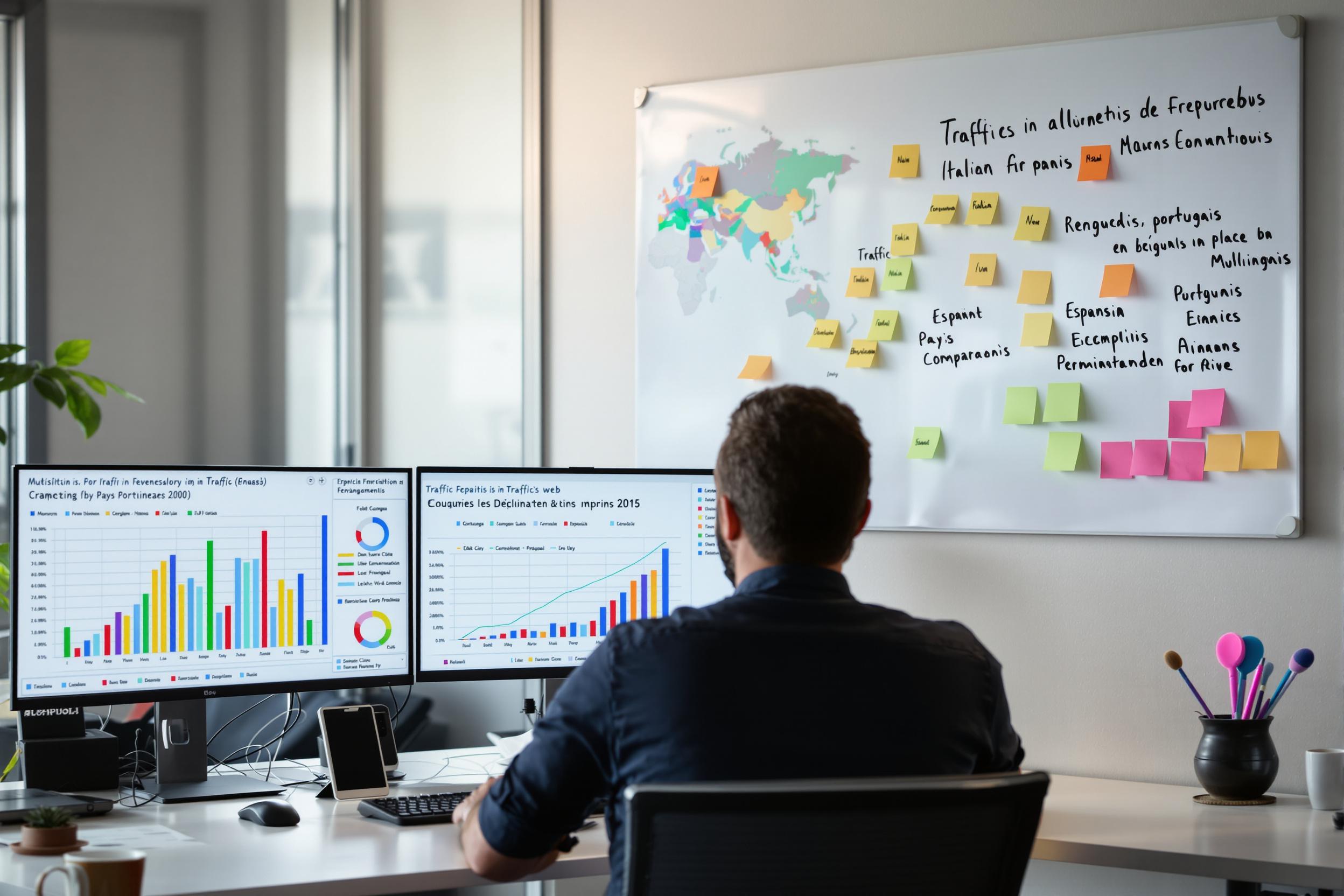 Responsable marketing analysant l'impact multilingue sur le trafic web