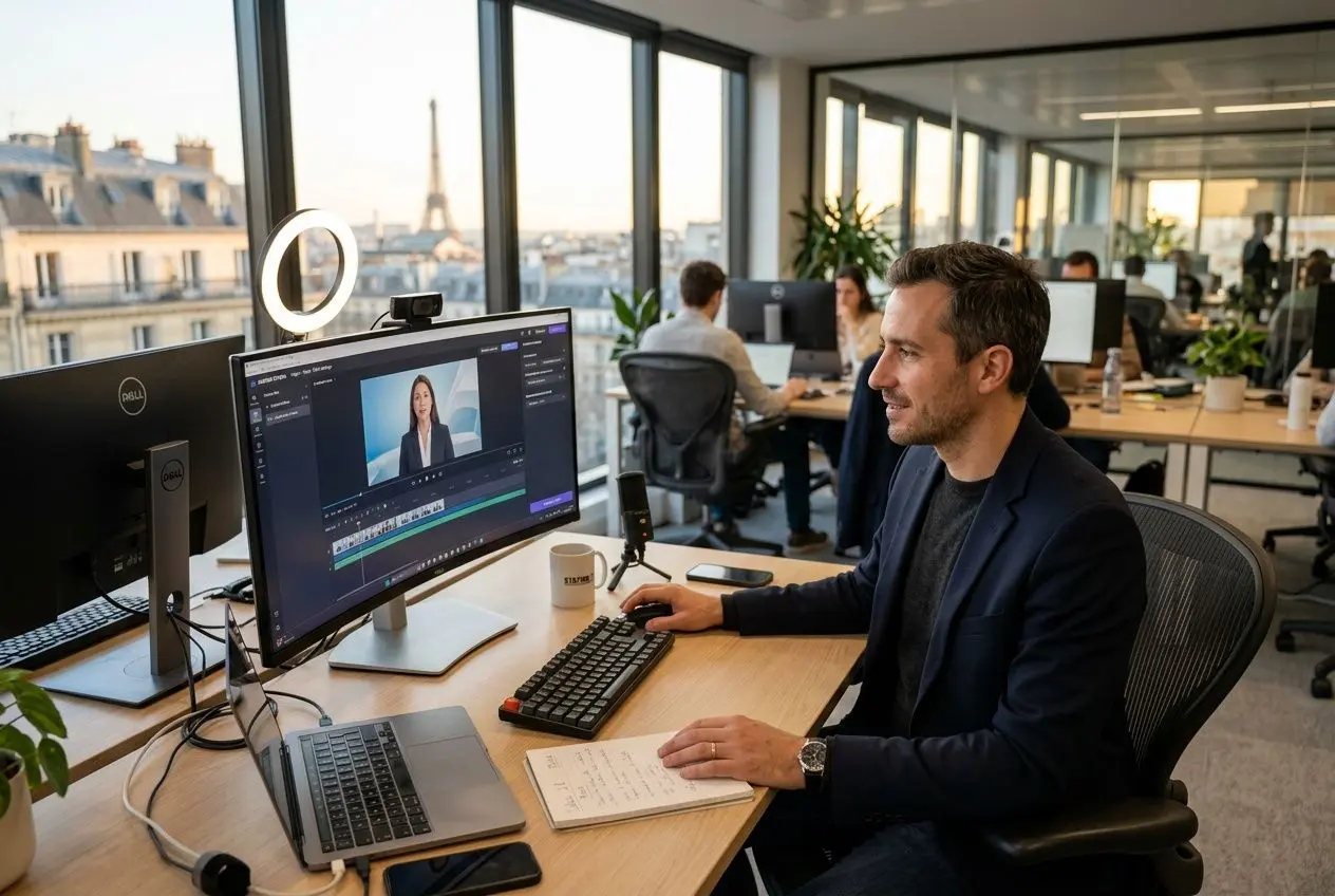 &Eacute;diteur vid&eacute;o dans un bureau ouvert, &eacute;cran d&rsquo;ordinateur montrant une prise de vue et une personne en visioconf&eacute;rence, ambiance professionnelle pour une vid&eacute;o d'entreprise intelligence artificielle.