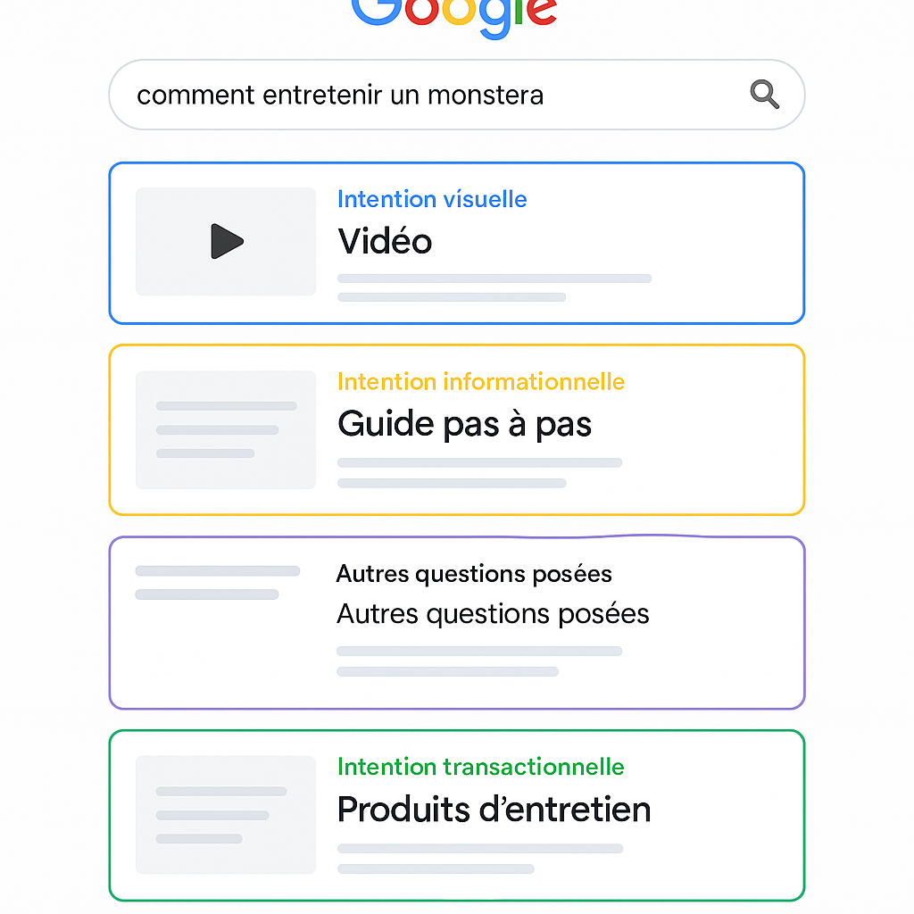Exemple d'analyse de la SERP pour décoder les intentions de recherche : vidéo, guide, questions et produits e-commerce.