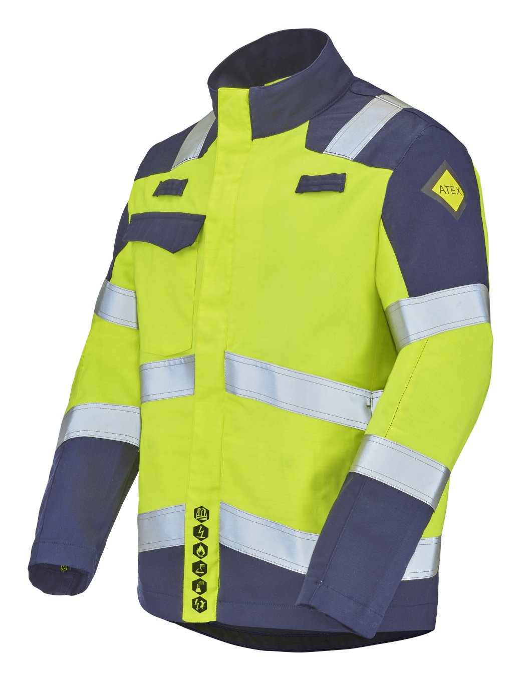 Veste de protection haute visibilité jaune et bleu marine avec bandes réfléchissantes.