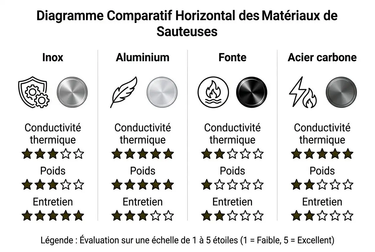 Diagramme horizontal comparatif des matériaux de sauteuses: Inox, Aluminium, Fonte, Acier carbone, avec évaluations ratings et légende. Sauteuse cuisine présentée comme outil polyvalent.
