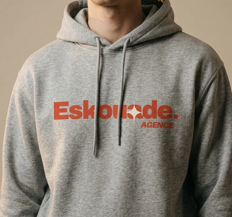 Sweat gris avec logo orange "Eskoude" imprimé sur la poitrine, style hoodie décontracté. Différence entre broderie et impression sweat présentée indirectement.