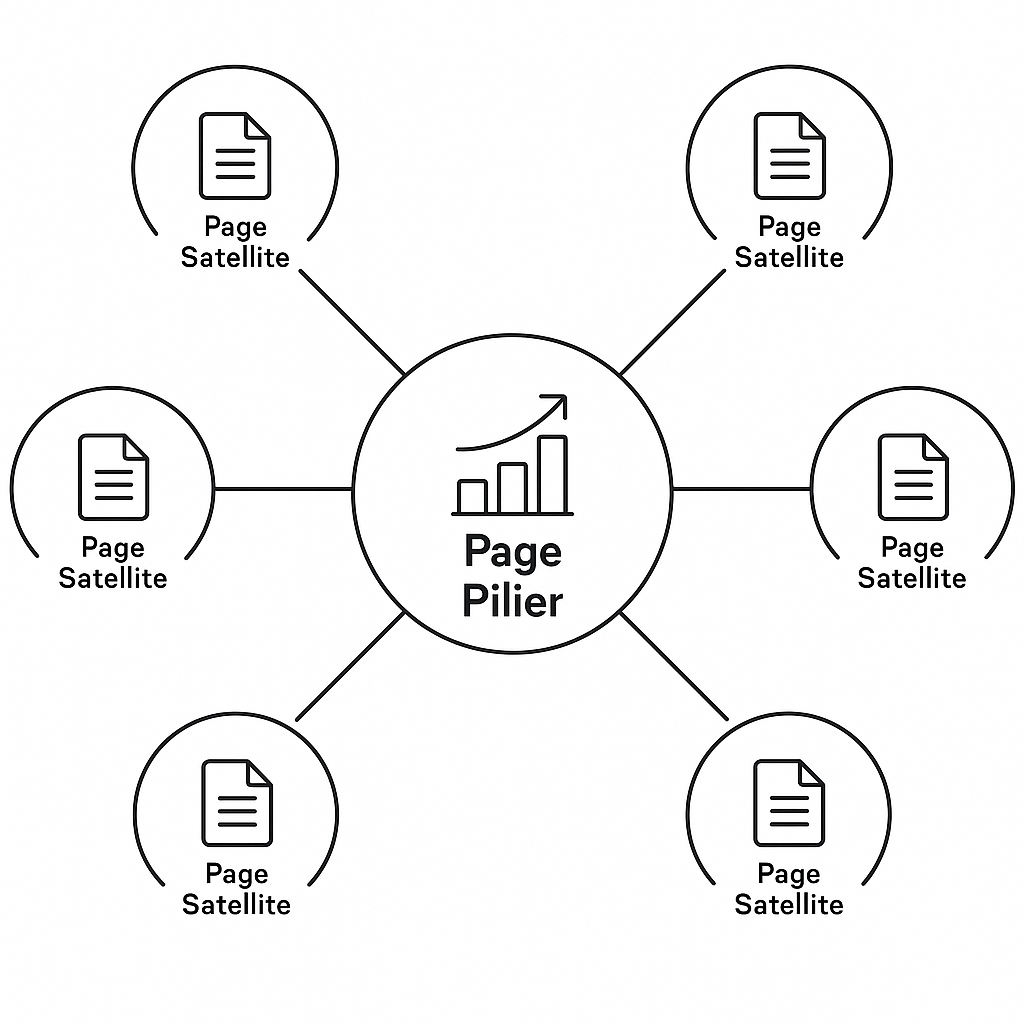 Schéma représentant l'architecture en cluster thématique SEO, avec une page pilier centrale qui fait autorité et des pages satellites connectées pour détailler le sujet.