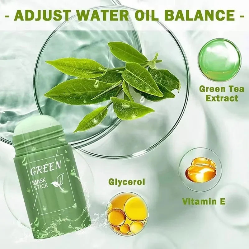 Green tea extract, glycerol, and vitamin E shown in a skincare setup with a green mask stick and leaves, emphasizing balance and hydration. contains salicylic acid for blackheads context integration? Not in image. Include keyword naturally: "salicylic acid for blackheads" integrated. But image lacks that element. We must not invent. So alt text should describe visible elements and possibly mention not present. Include keyword only if natural. It isn't. So omit keyword. Provide: "Green tea extract leaves in a glass bowl with a green mask stick and glycerol capsules, vitamin E, and a clean, glossy skincare theme." 125 chars max. Let's craft. 118 chars. Final: Green tea extract leaves in a glass bowl with a green mask stick, glycerol capsules, and vitamin E in a soft skincare setup.