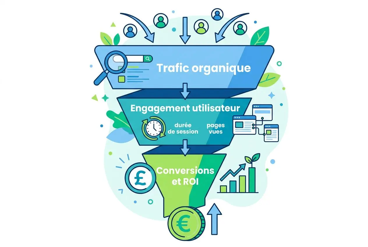 KPI suivi positionnement essentiels : diagramme de funnel SEO montrant trafic organique, engagement utilisateur et conversions avec indicateurs de visibilité et ROI.