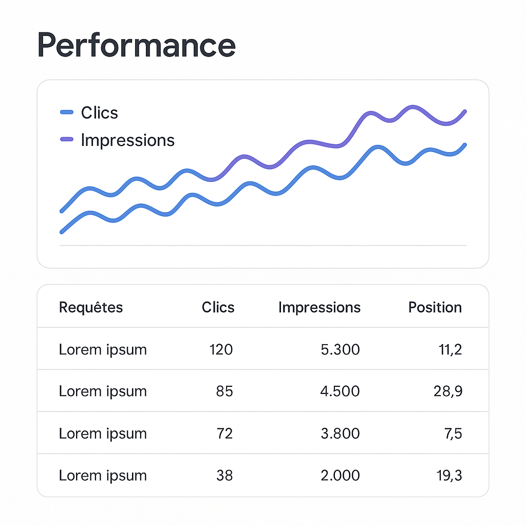 Illustration stylisée d'un rapport de performance de la Google Search Console, montrant un graphique de clics et un tableau de requêtes.