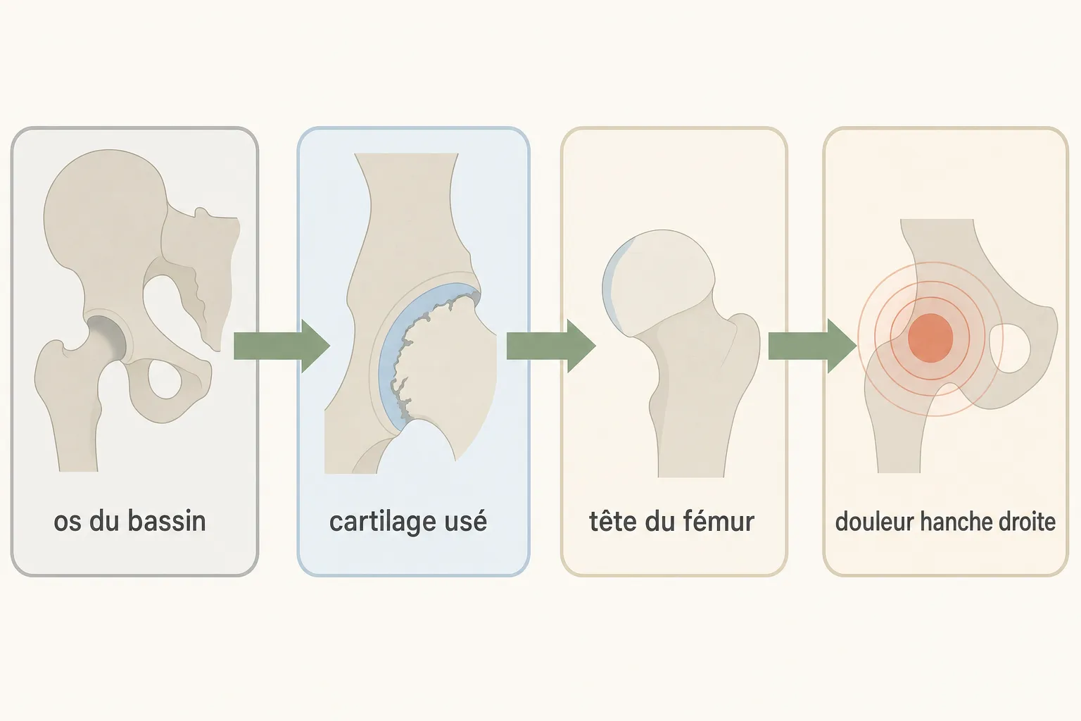Schéma illustrant l’évolution menant à une douleur hanche droite, depuis l’os du bassin jusqu’au fémur et articulation douloureuse.