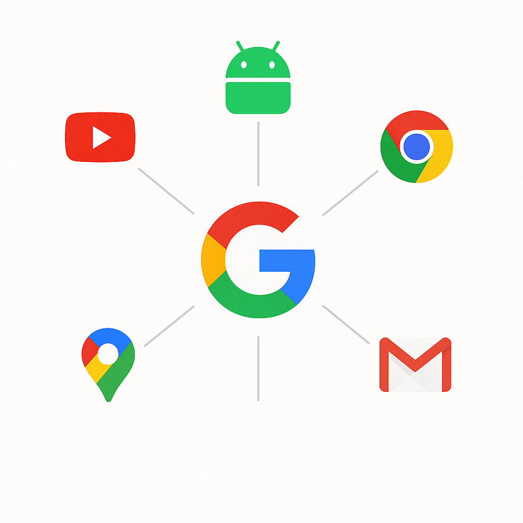 Représentation de l'écosystème Google avec ses services majeurs (YouTube, Android, Chrome, etc.) gravitant autour du logo principal.