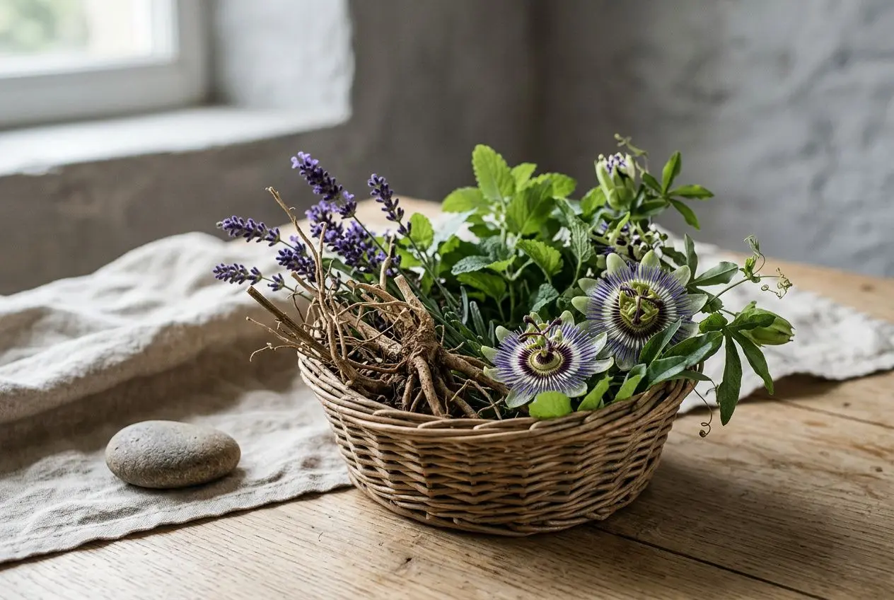 Panier en osier avec un assortiment de plantes apaisantes, idéal comme remède naturel stress pour favoriser le calme.