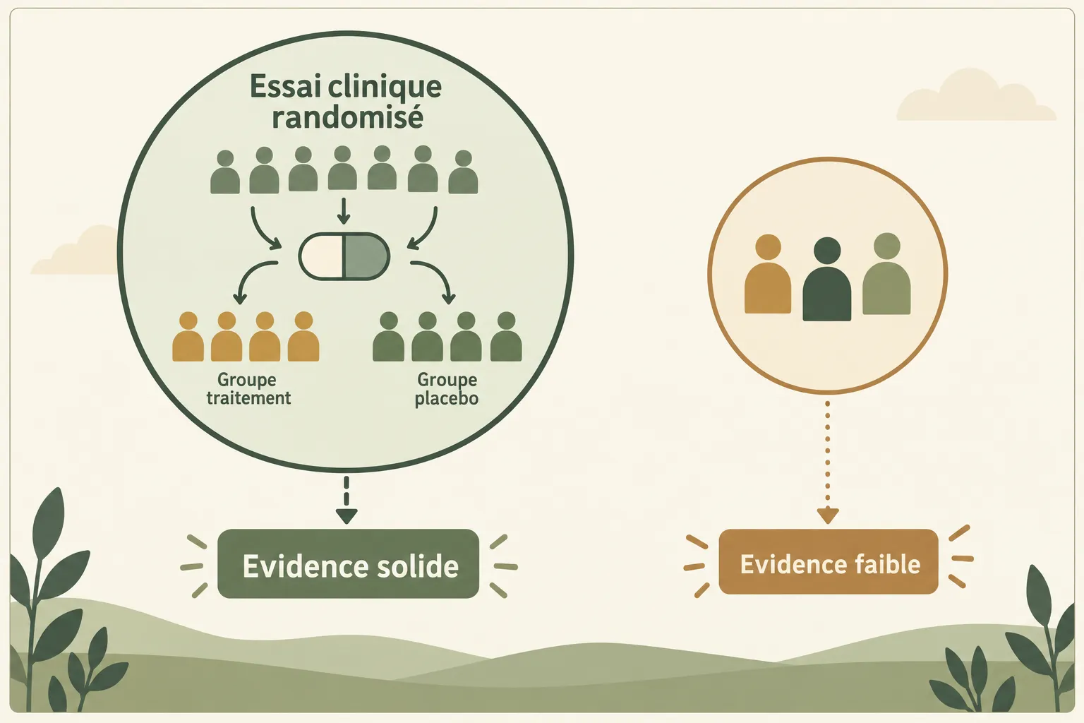 Présentation d’une étude clinique randomisée montrant une preuve solide et comparaison entre groupe traitement et groupe