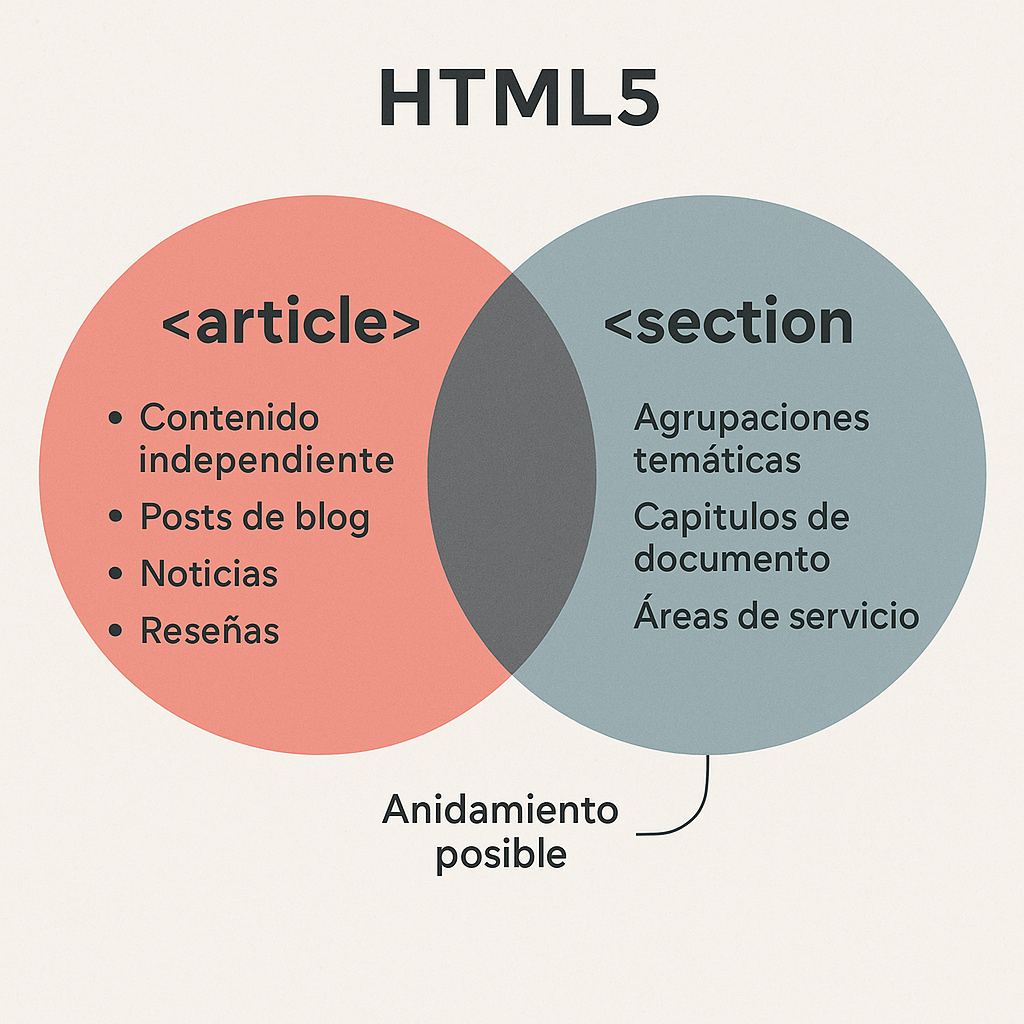 Gráfico comparativo que ilustra la diferencia entre las etiquetas semánticas HTML5 article y section, destacando sus usos para contenido independiente y agrupaciones temáticas respectivamente, con fondo blanco.