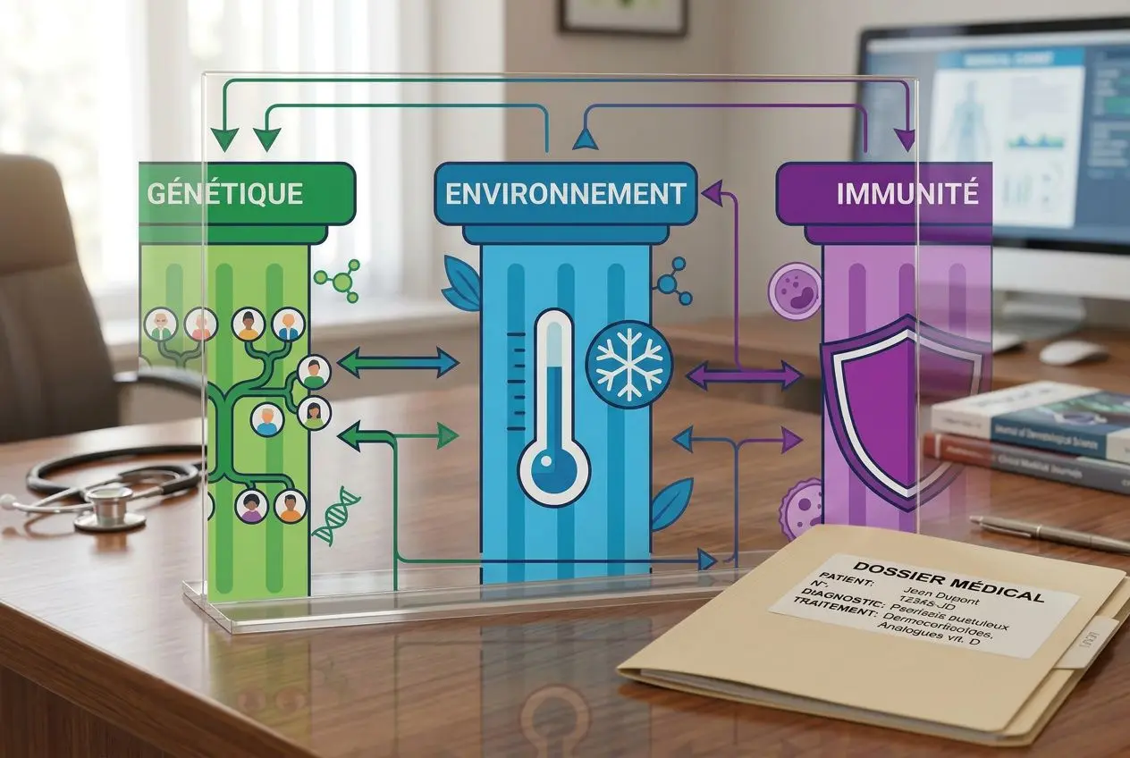 Diagramme éducatif sur des facteurs influençant la maladie, montrant génétique, environnement et immunité; objet médical et dossier sur une table.