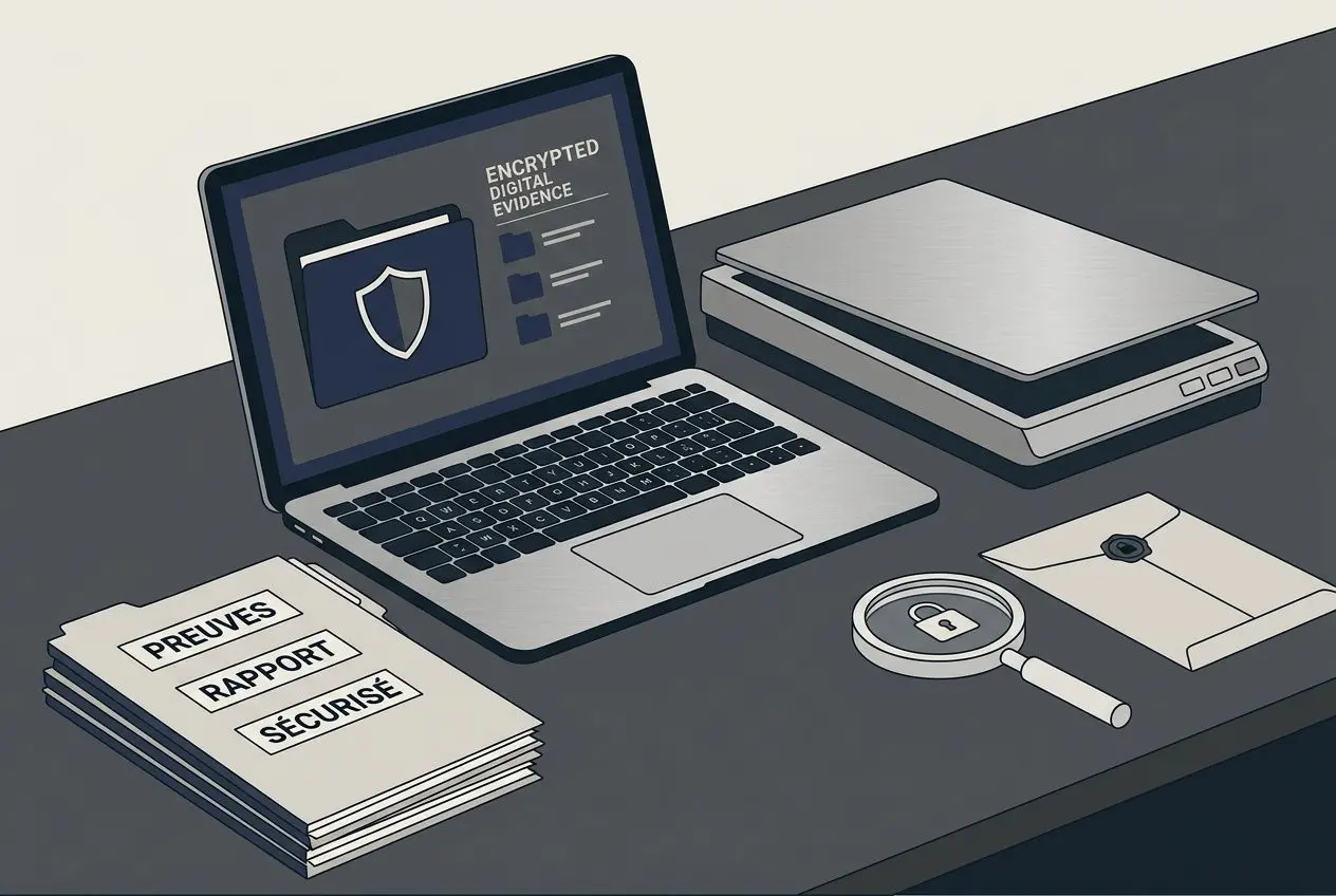 Enquête fraude interne entreprise : ordinateur portable affichant des preuves sécurisées, loupe, dossiers et documents de contrôle sur le bureau.