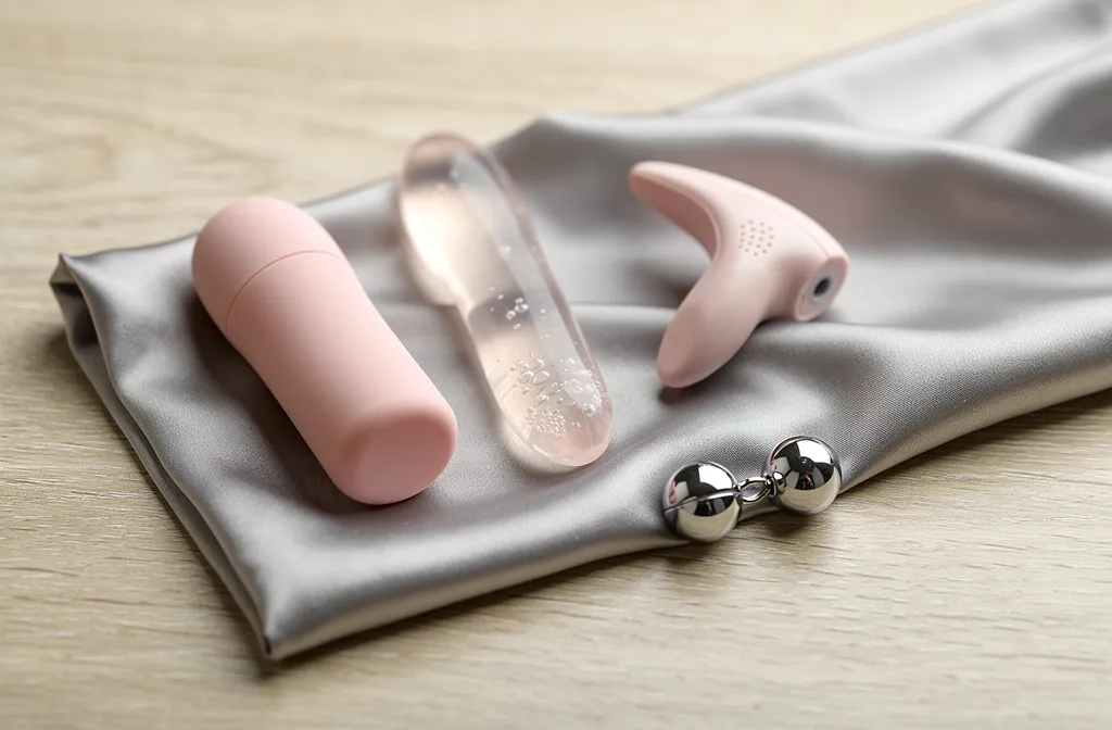 Ensemble de sextoys roses: un plug anal, un vibromasseur discret et un stimulateur courbé posés sur une pochette satinée, avec des billes métalliques à côté.
