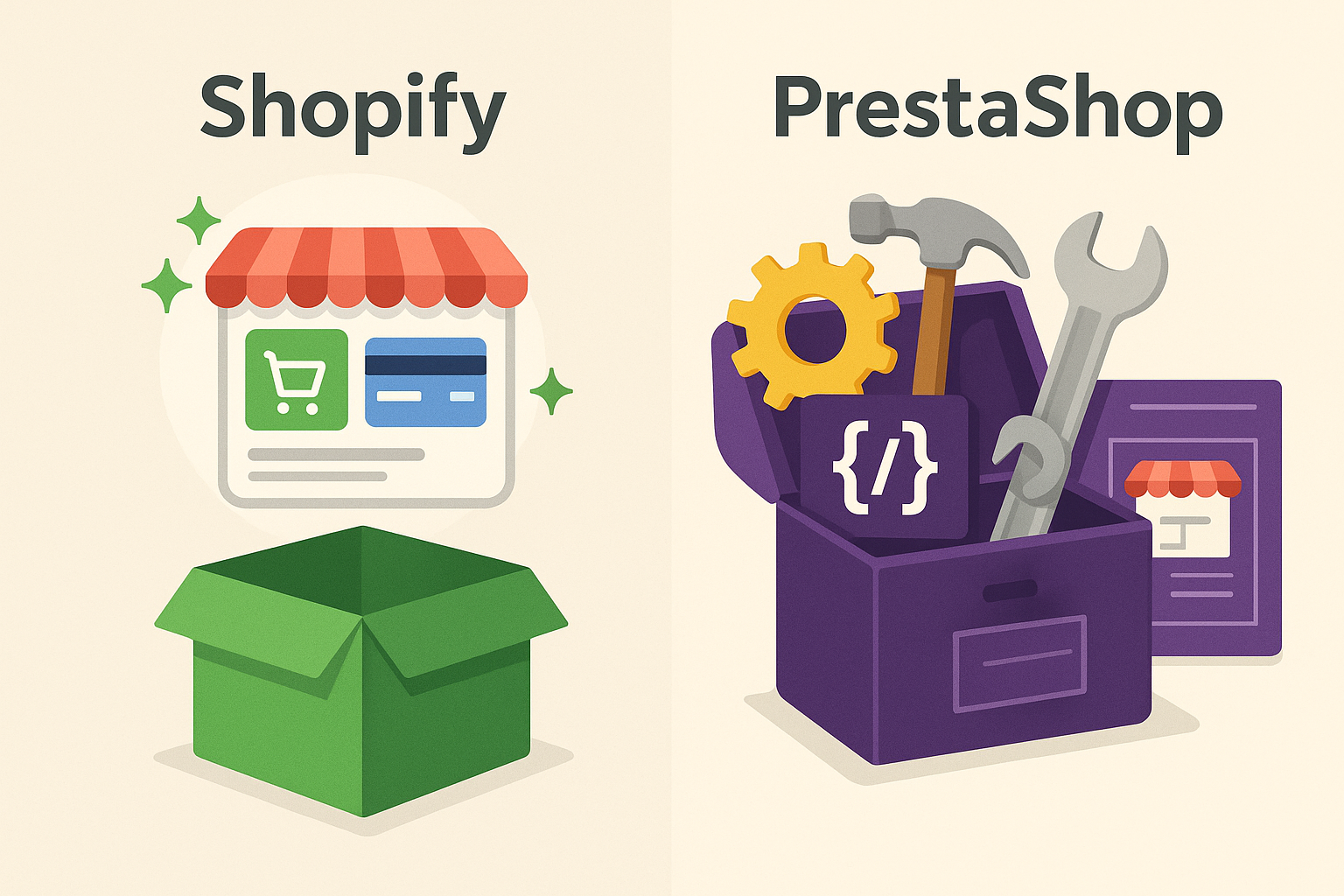 Schéma illustrant la différence entre Shopify (solution clé en main) et PrestaShop (solution technique comme une boîte à outils).