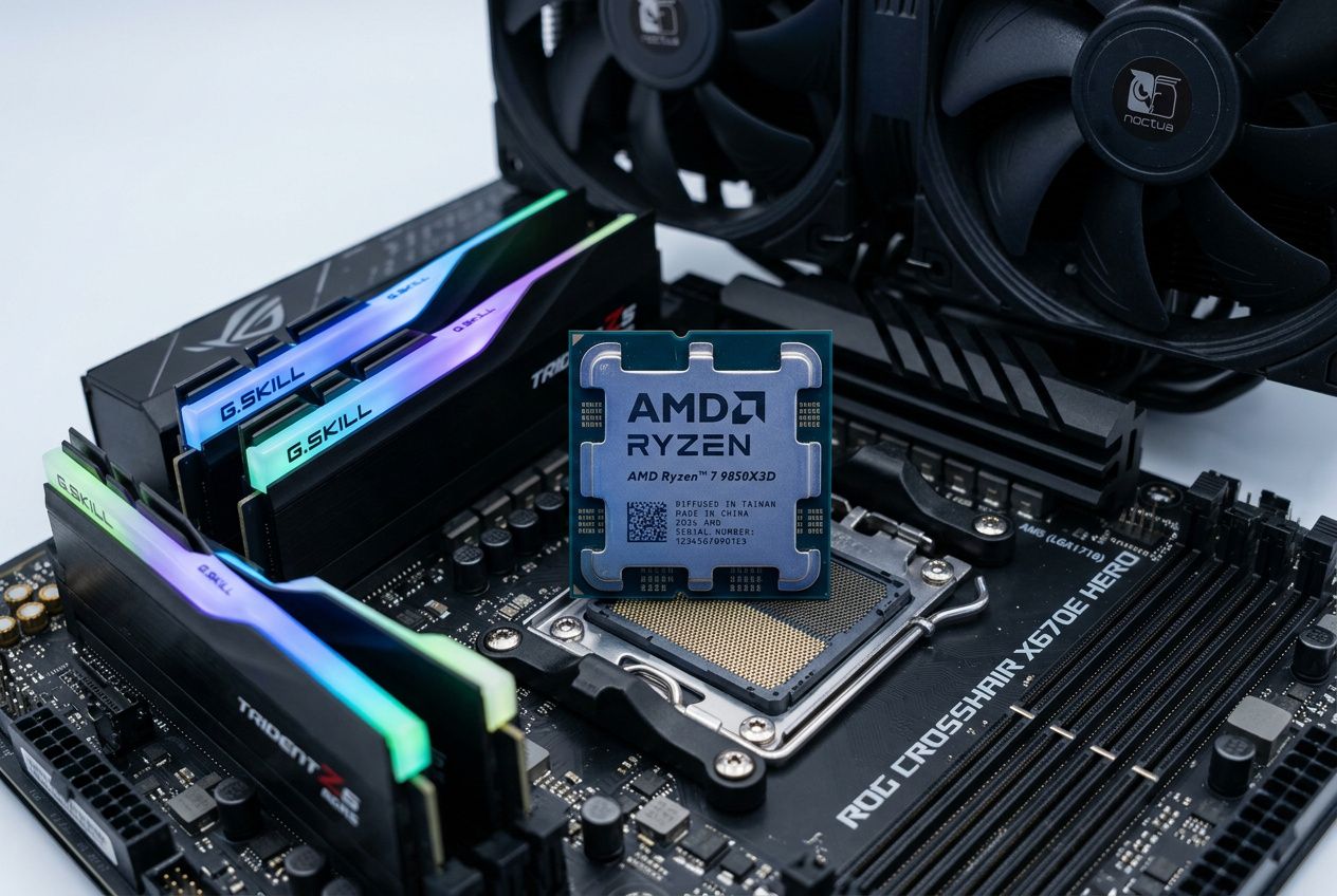 CPU AMD Ryzen posé sur une carte mère, avec RAM RGB et ventilateurs de refroidissement visibles. meilleur processeur gaming 2026 intégré naturellement.