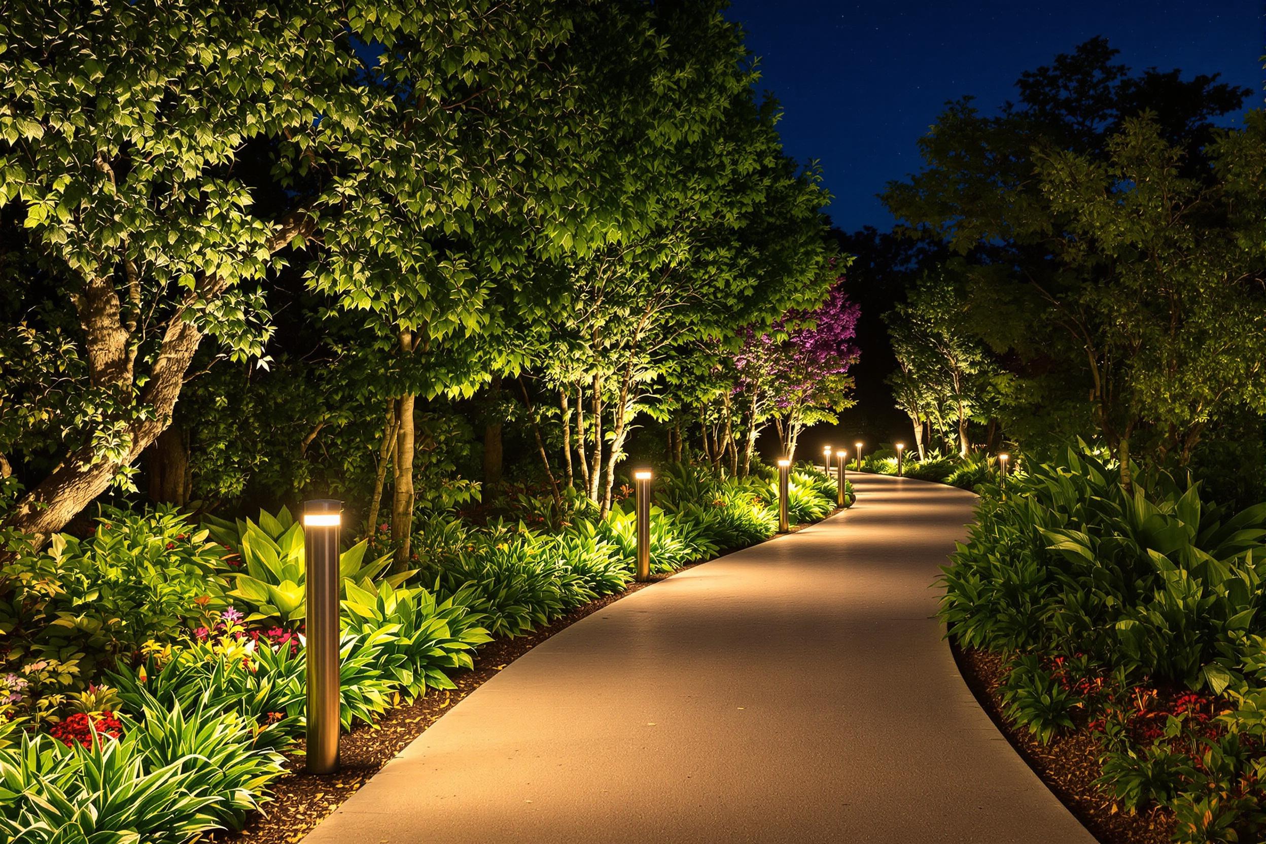 Chemin de jardin éclairé par des bornes LED