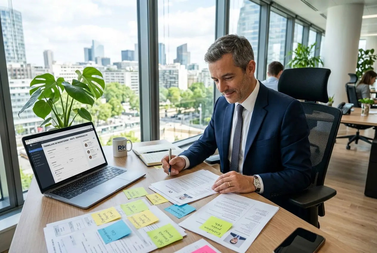 Homme d’affaires en costume retrousse, assis à un bureau avec laptop, écrivant des documents et des notes adhésives colorées; vue sur un quartier urbain. Intègre le sujet: comment trouver intérimaires qualifiés.