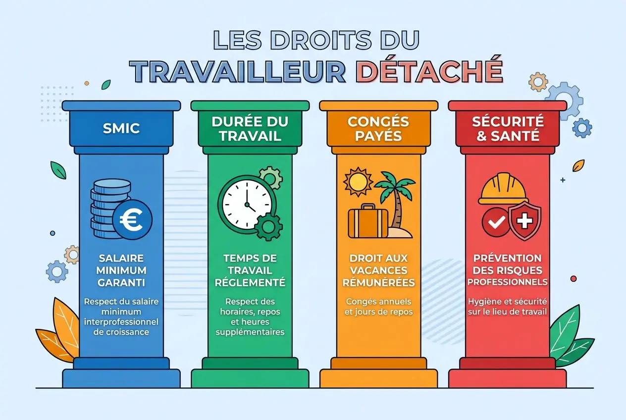 Détachement de travailleurs en France: illustration de quatre colonnes sur les droits et obligations (SMIC, durée du travail, congés payés, sécurité et santé) reflétant la réglementation.