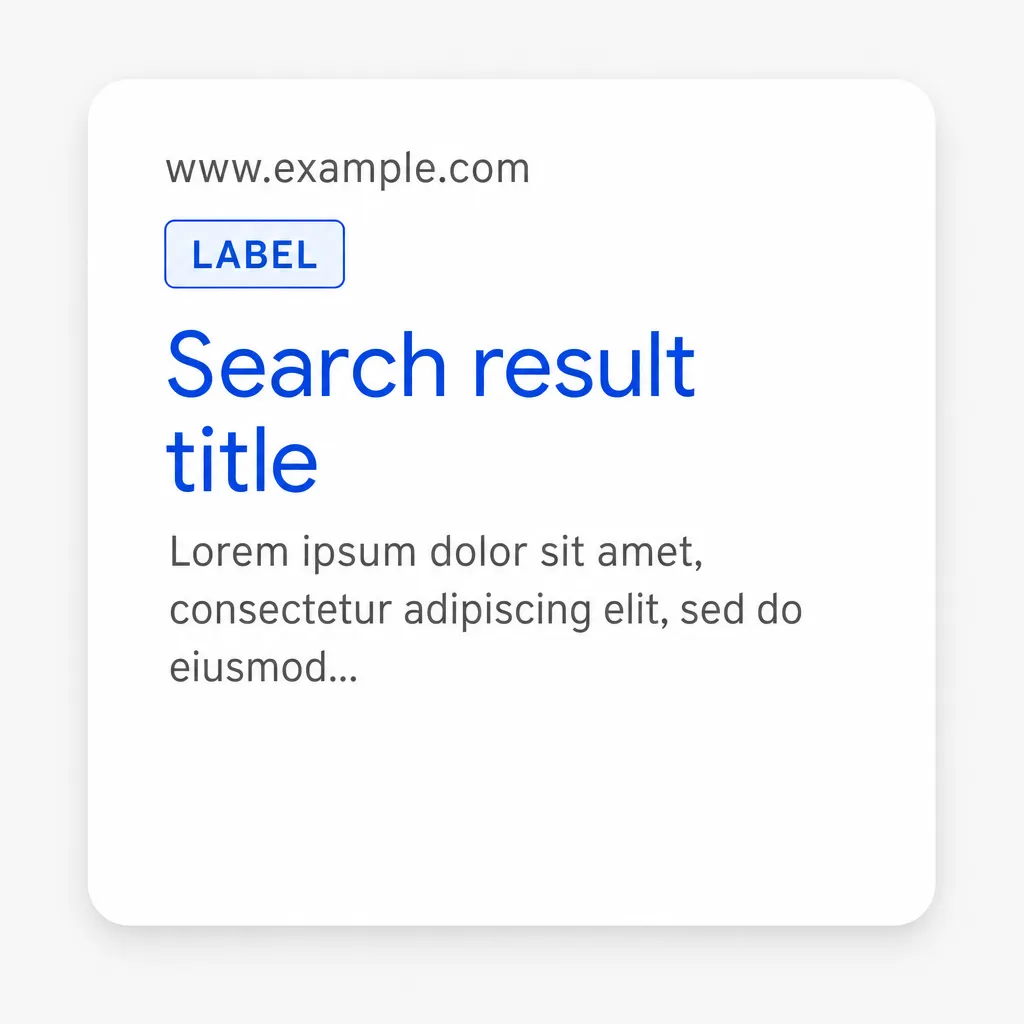 Simplified mock-up of a Google search result on a white background, with the URL at the top and the blue title tag highlighted with a label.