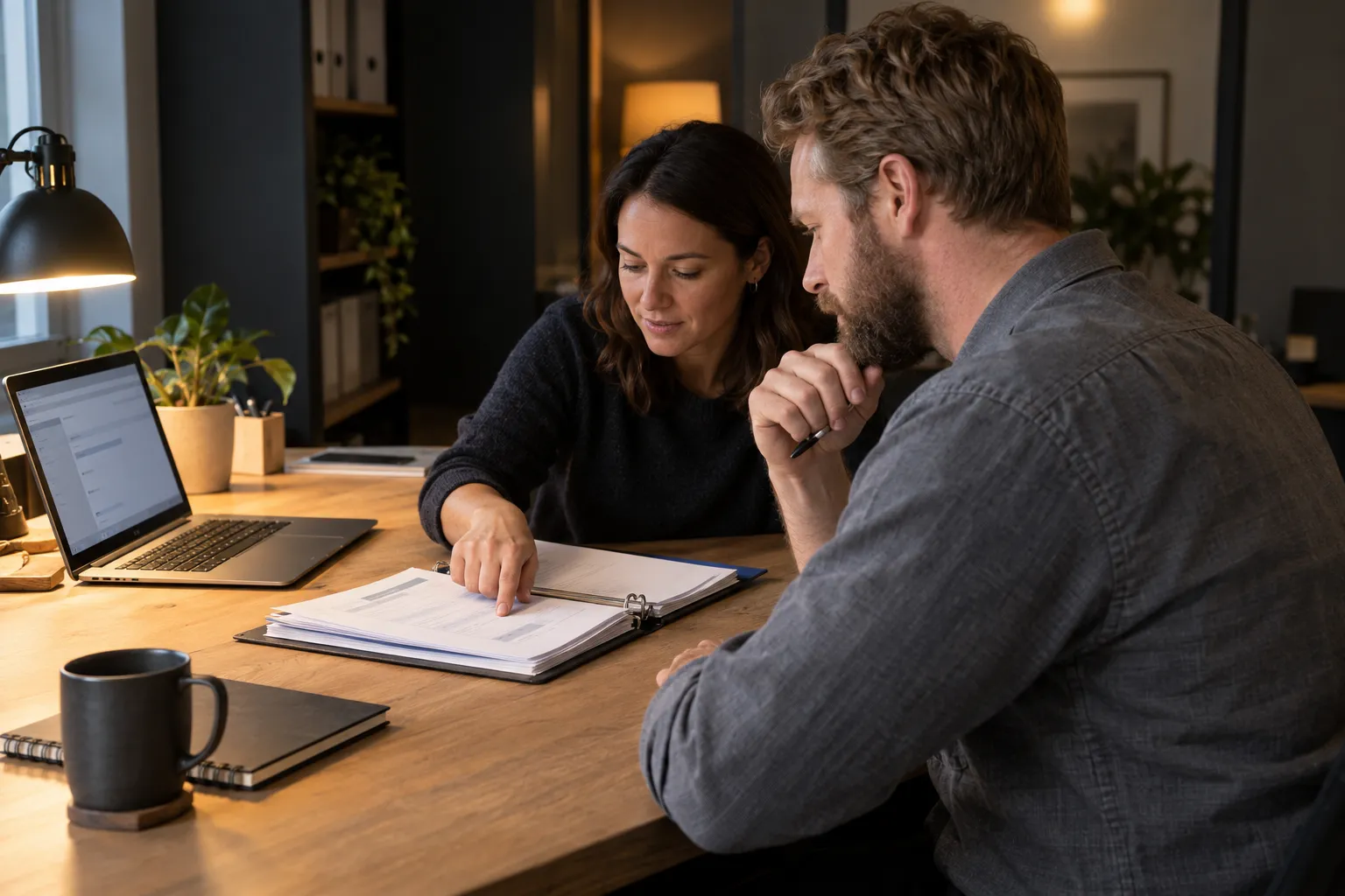 Two people sit at a wooden desk reviewing documents with a laptop open in front of them.