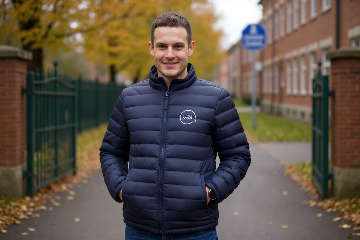 Parent portant une doudoune personnalisable devant l’école un matin d’automne, logo côté cœur.