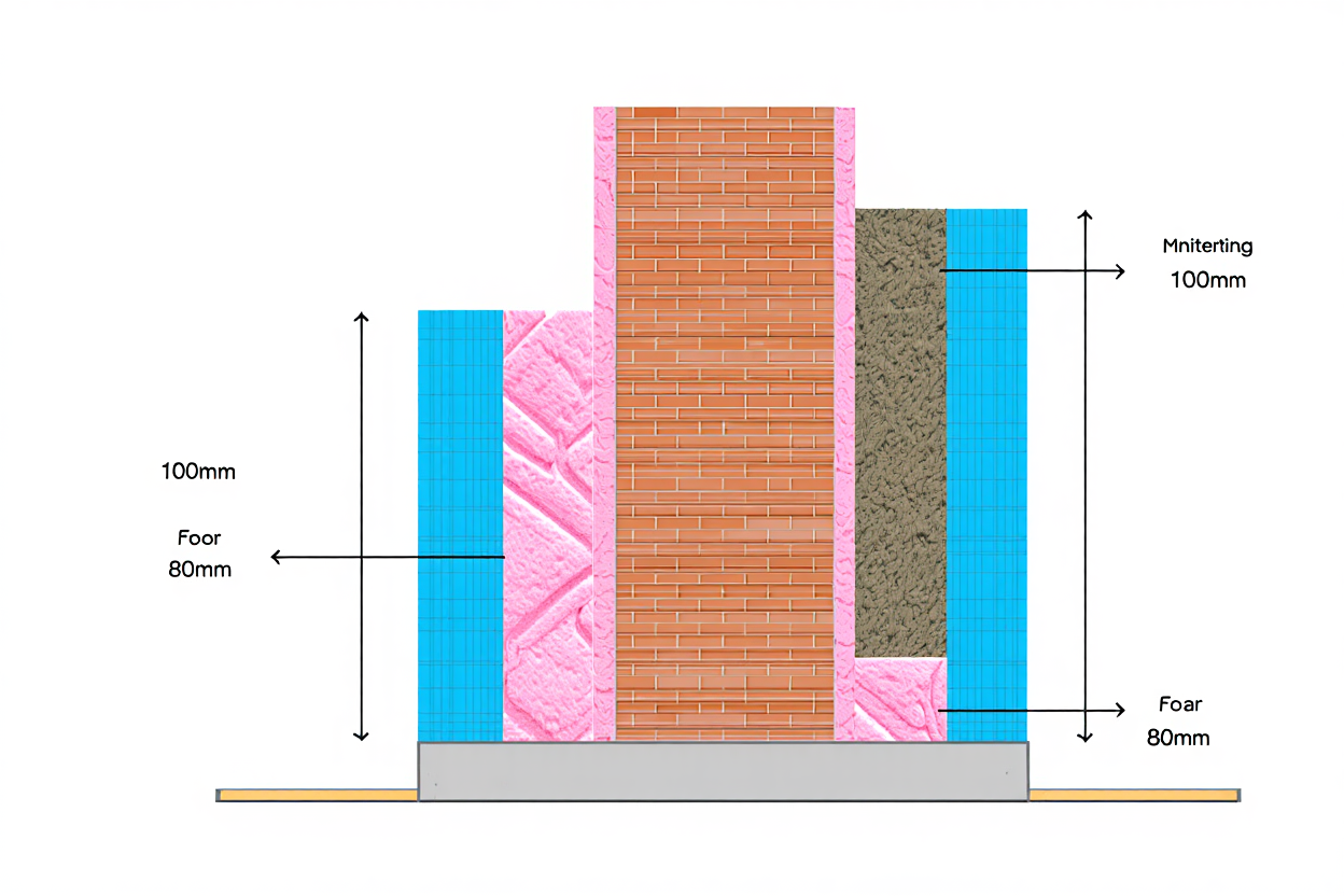 Coupe technique d'un mur avec double isolation extérieure et intérieure