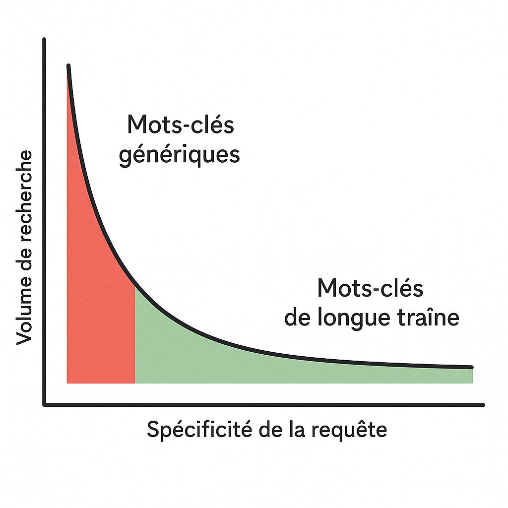 Graphique expliquant le concept de la longue traîne en SEO, montrant la différence de volume de recherche entre mots-clés génériques et spécifiques.
